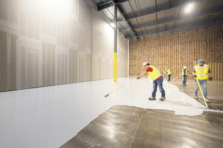 A clean residential garage with a smooth coated concrete floor, storage shelves, and a parked vehicle.